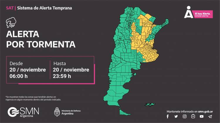 Alerta amarilla por tormentas fuertes en todo el territorio provincial