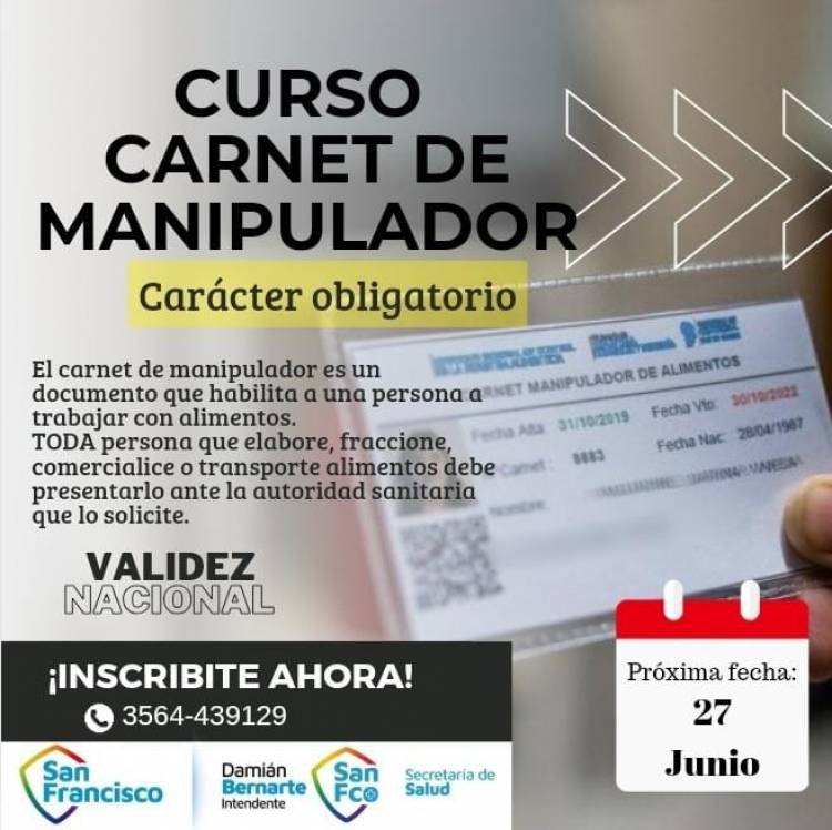 El municipio convoca a interesados en obtener el carnet de manipulador de alimentos